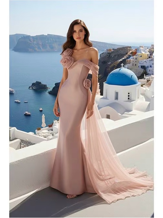 Terani Couture Dresses & Skirts - Terani Couture One-Shoulder Blush Pink Mermaid Gown with Rosette Detail